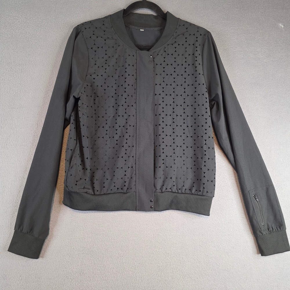 Fabletics Bomber Jacket Womens Medium Black Laser Cut Perforated‎ EXCELLENT